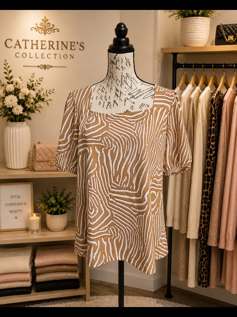 Ann Taylor Factory Women's Tan & White Abstract Print Puff Sleeve Blouse Size L